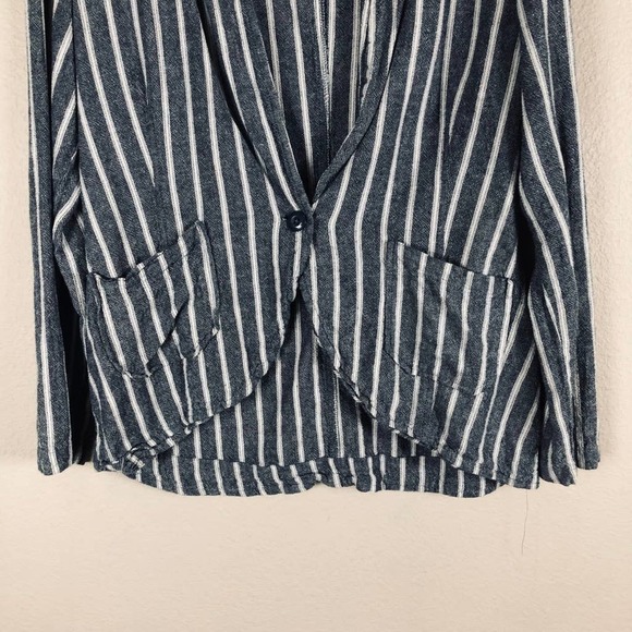 Sanctuary Blazer Jacket Blue White Stripe Linen Blend High Low Pockets Sz Large - Picture 4 of 15